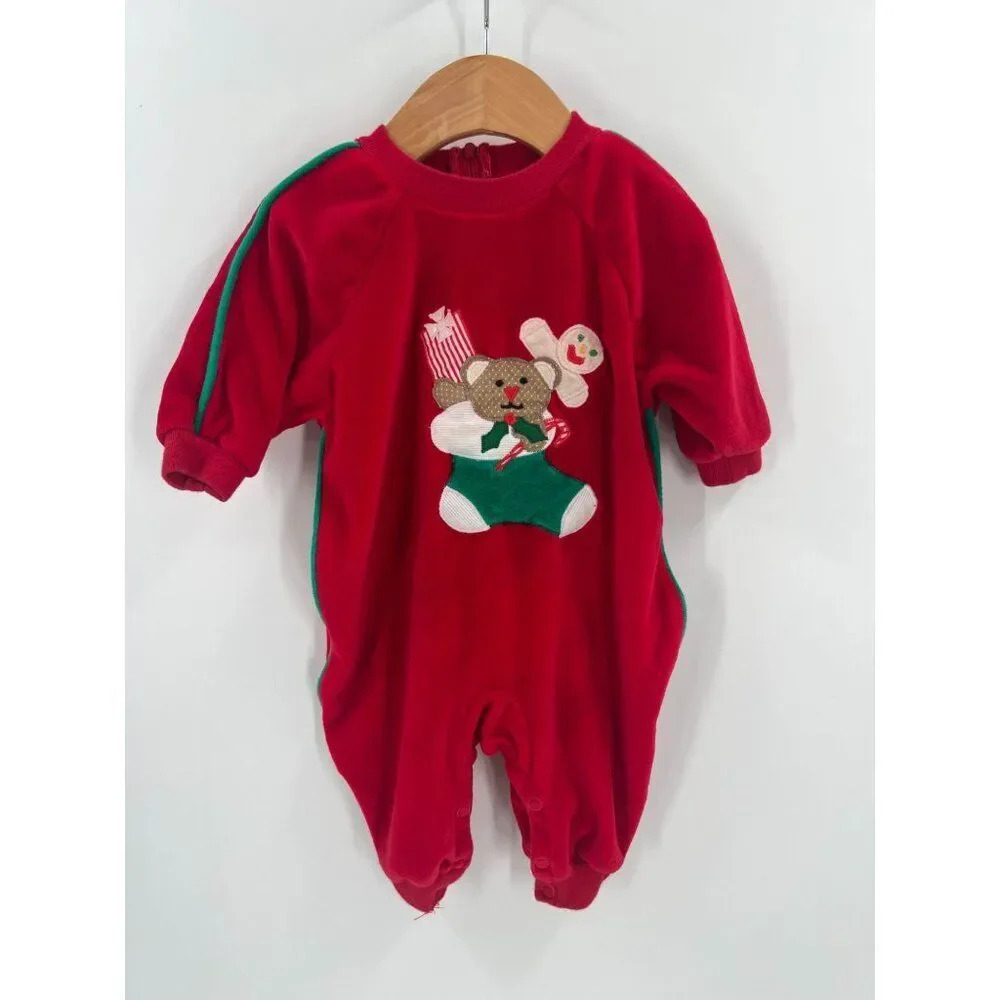 Vintage Betti Terell 3M Baby Sleeper Red Velour Bear Gingerbread Holiday Zip-Up